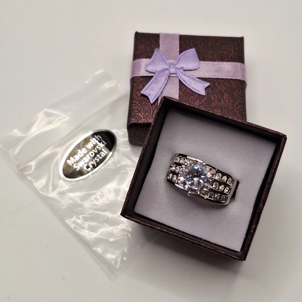 Swarovski Crystal Ring Size 7 | Round Diamond Look Statement Ring | Wide Band - Picture 15 of 16